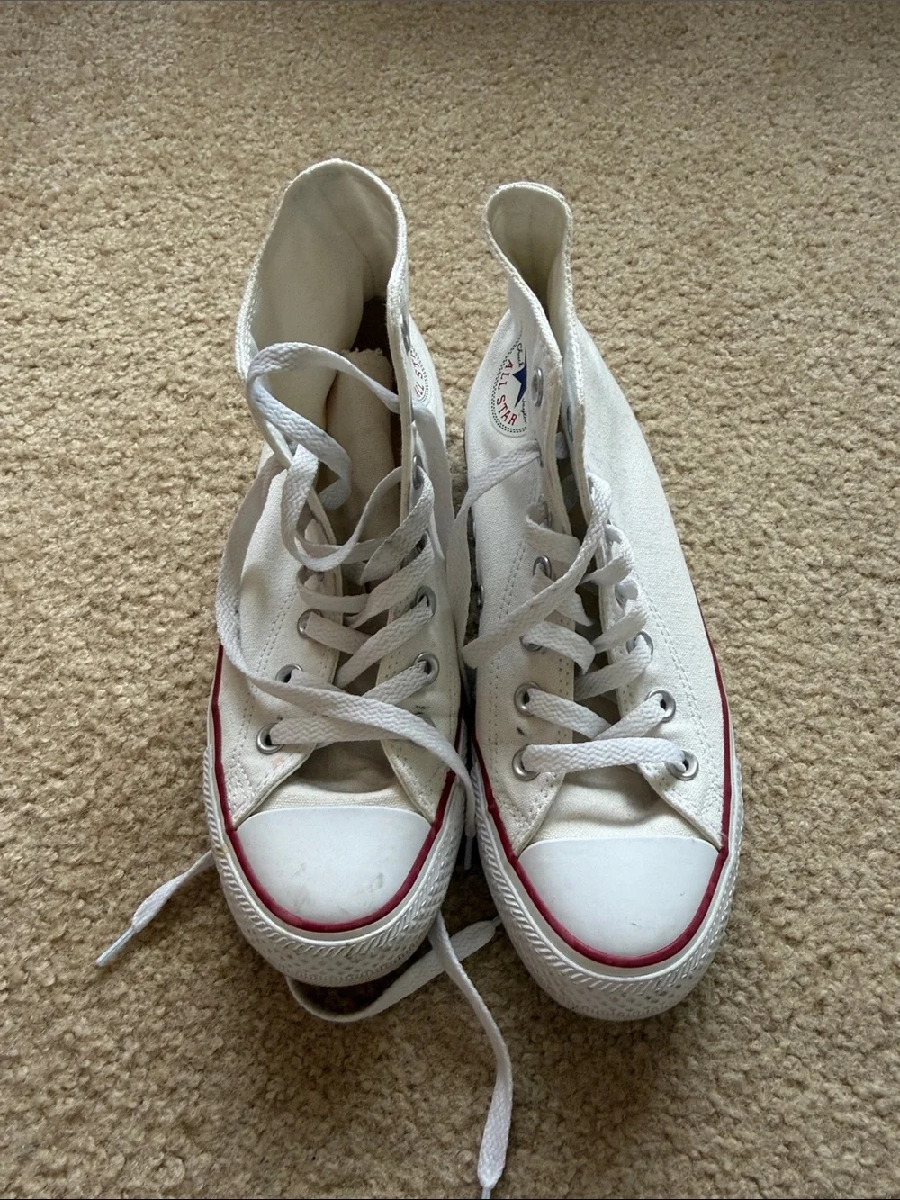 Converse White High Top Sneakers with Red Trim - Picture 1 of 7